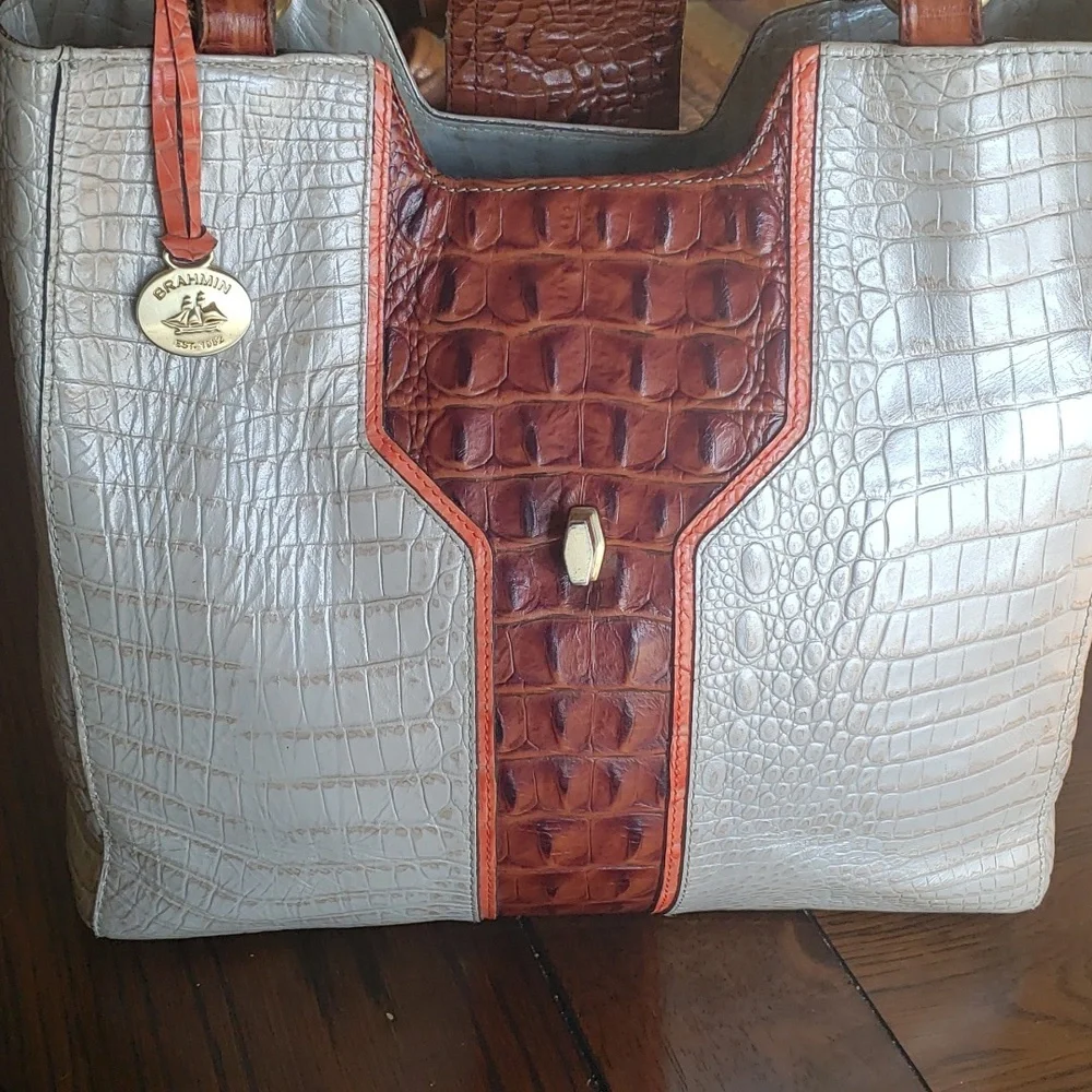Brahmin Cream Tote with Brown Croc-Embossed Trim